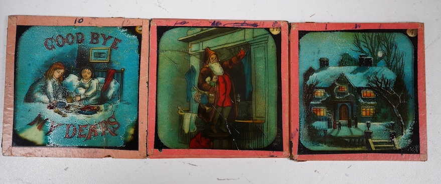 A quantity of magic lantern slides, including a moving slide. Condition - poor to fair.